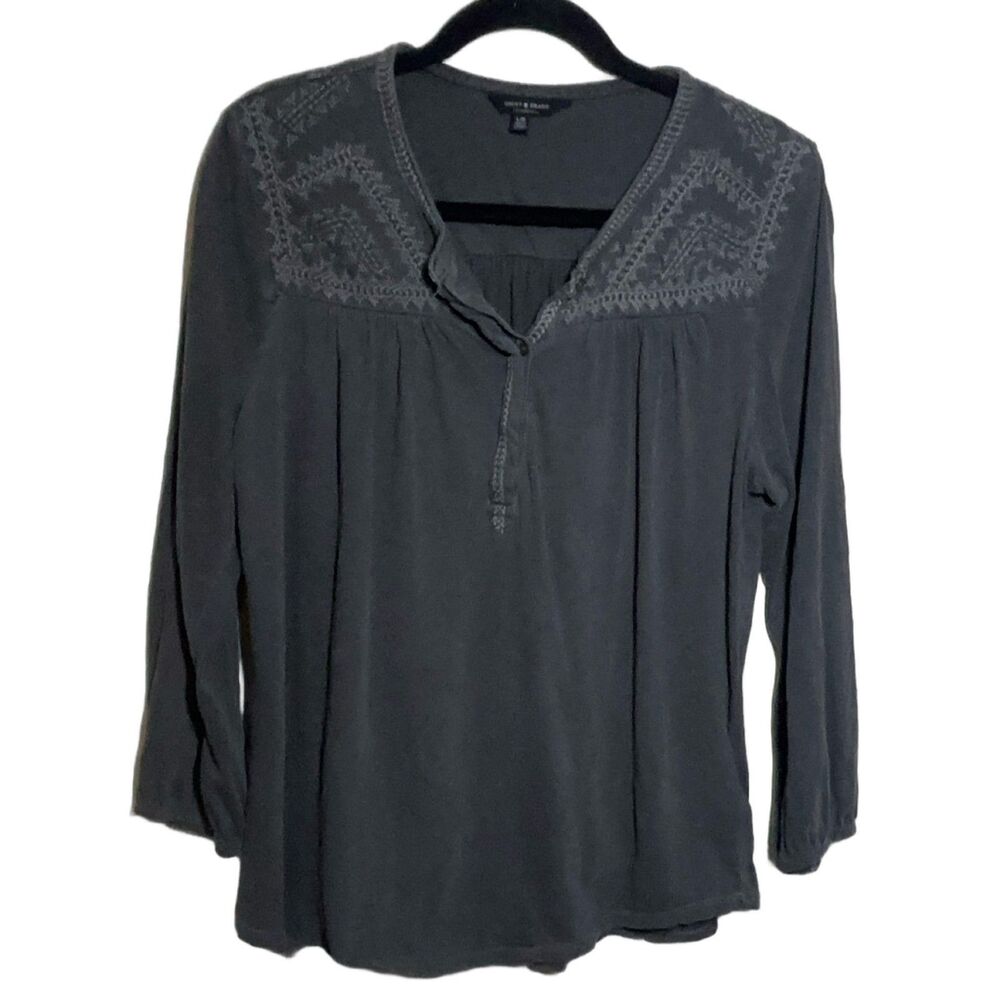 Lucky Brand Men's Long Sleeve Henley Shirt Dark Grey Cotton Relaxed Fit Size L